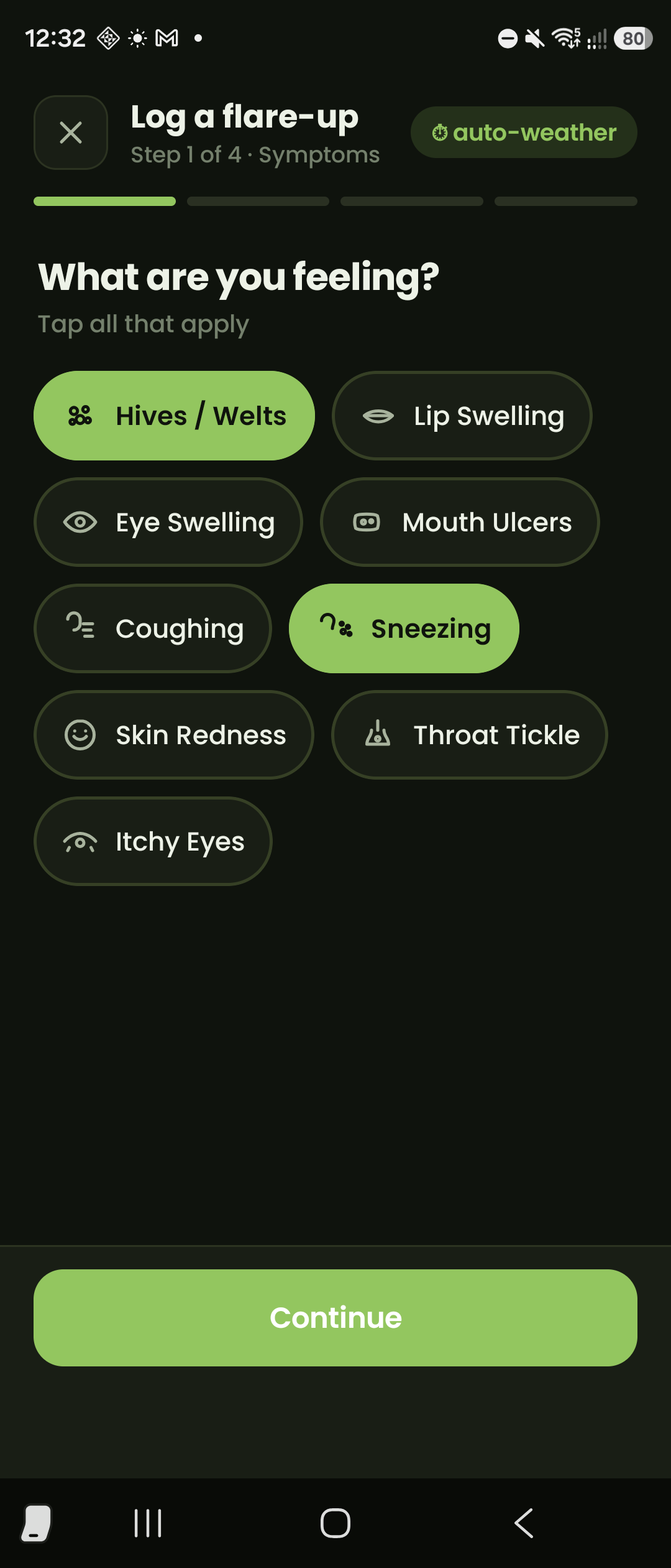 AllerMoi flare-up logging screen